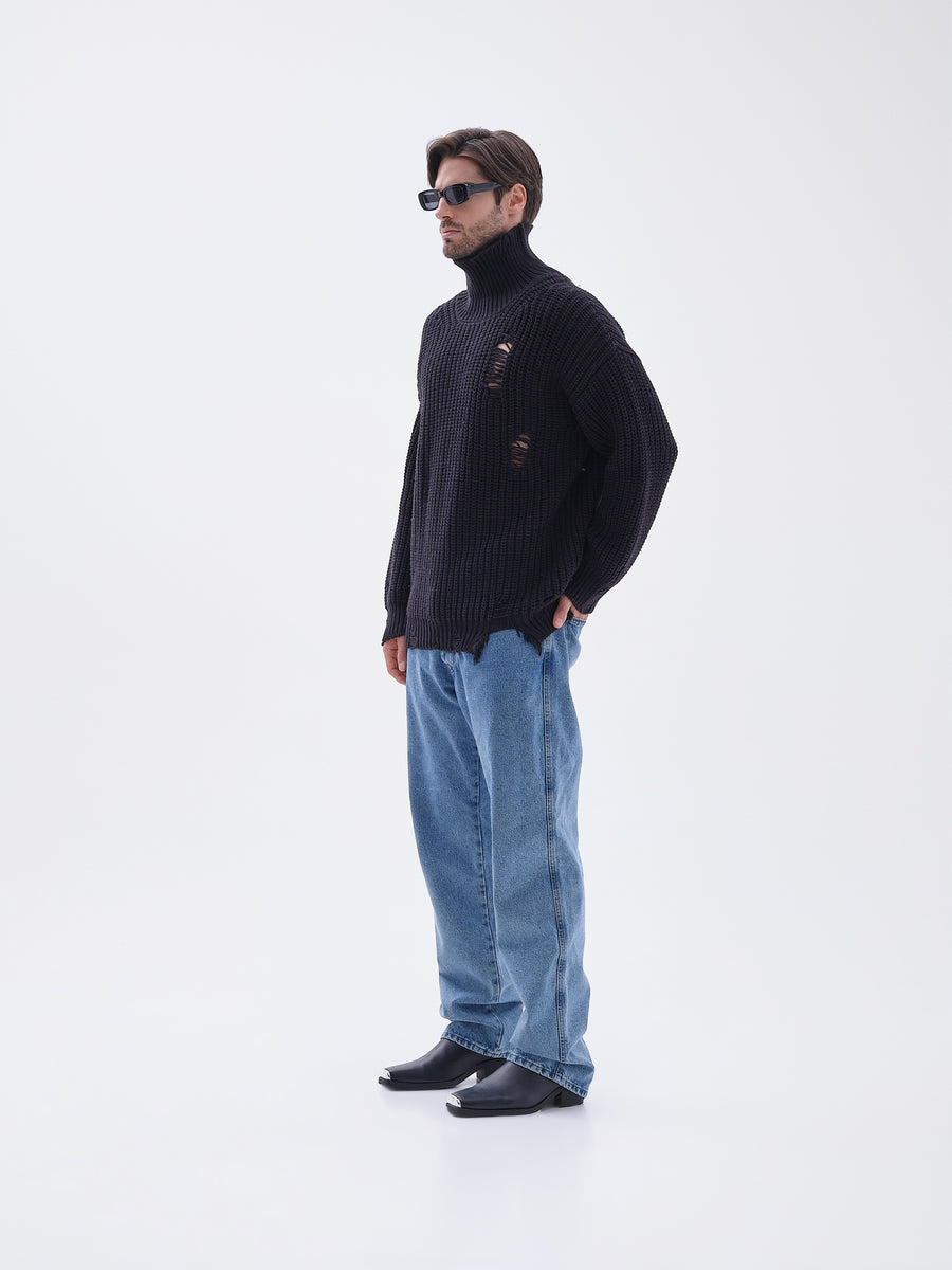 Destroyed Black Turtleneck