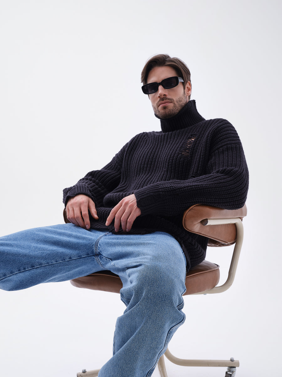 Destroyed Black Turtleneck
